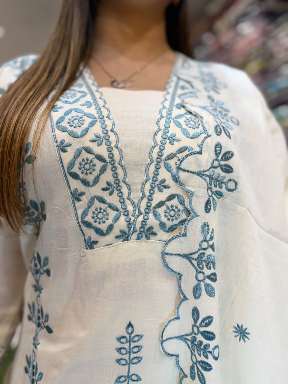 Pure Cora Cotton Off White And Aqua Blue 3pc Set