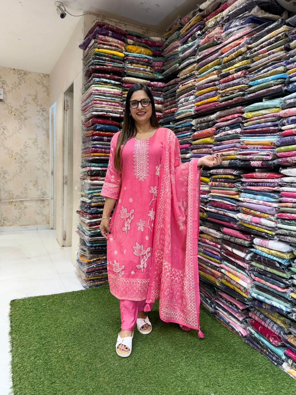 Pure Banaras Mull Chanderi Pink 3pc Set
