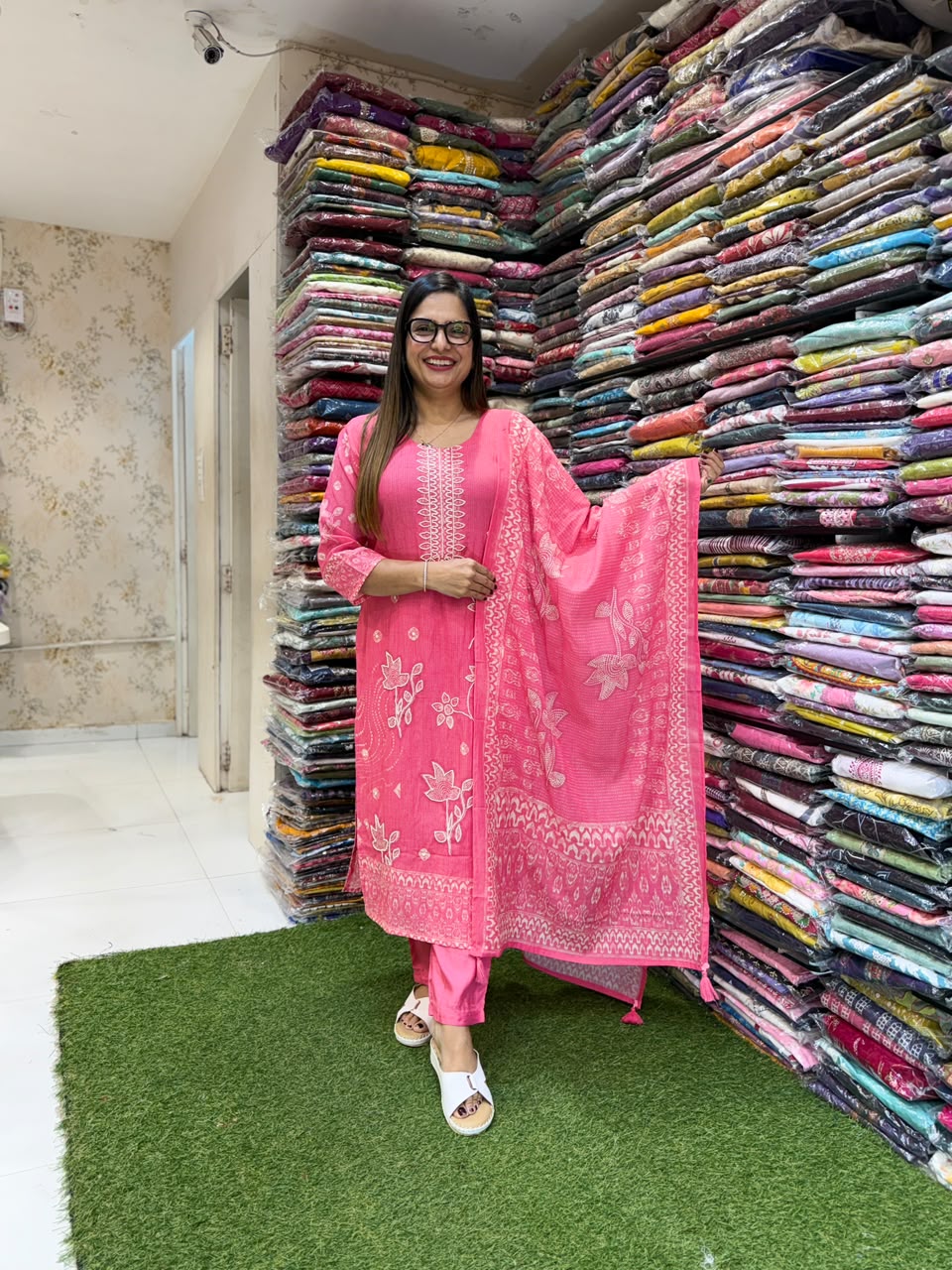 Pure Banaras Mull Chanderi Pink 3pc Set