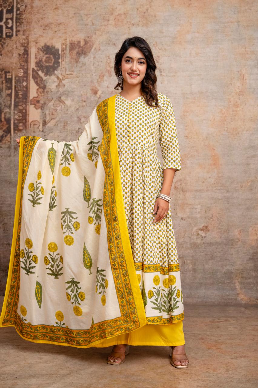 Pure Cotton Pearl White And Yellow 24kali Anarkali 3pc Set