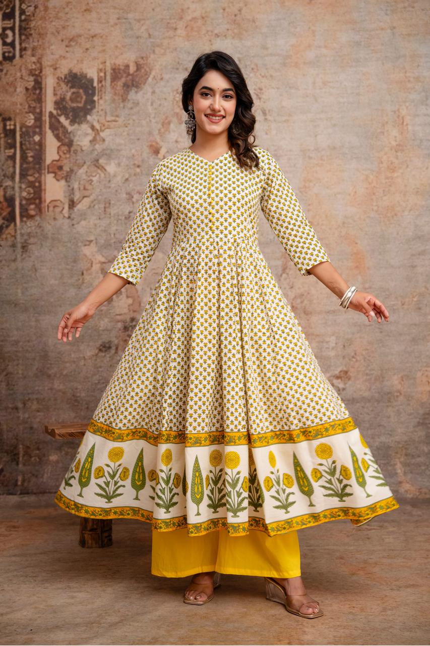 Pure Cotton Pearl White And Yellow 24kali Anarkali 3pc Set