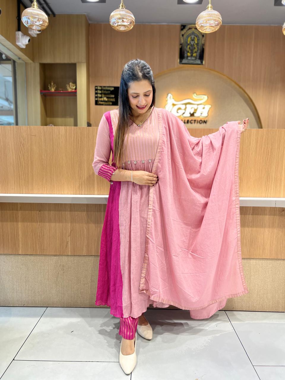 Pure Crush Banaras Mull Chanderi Blush Pink 3pc Set