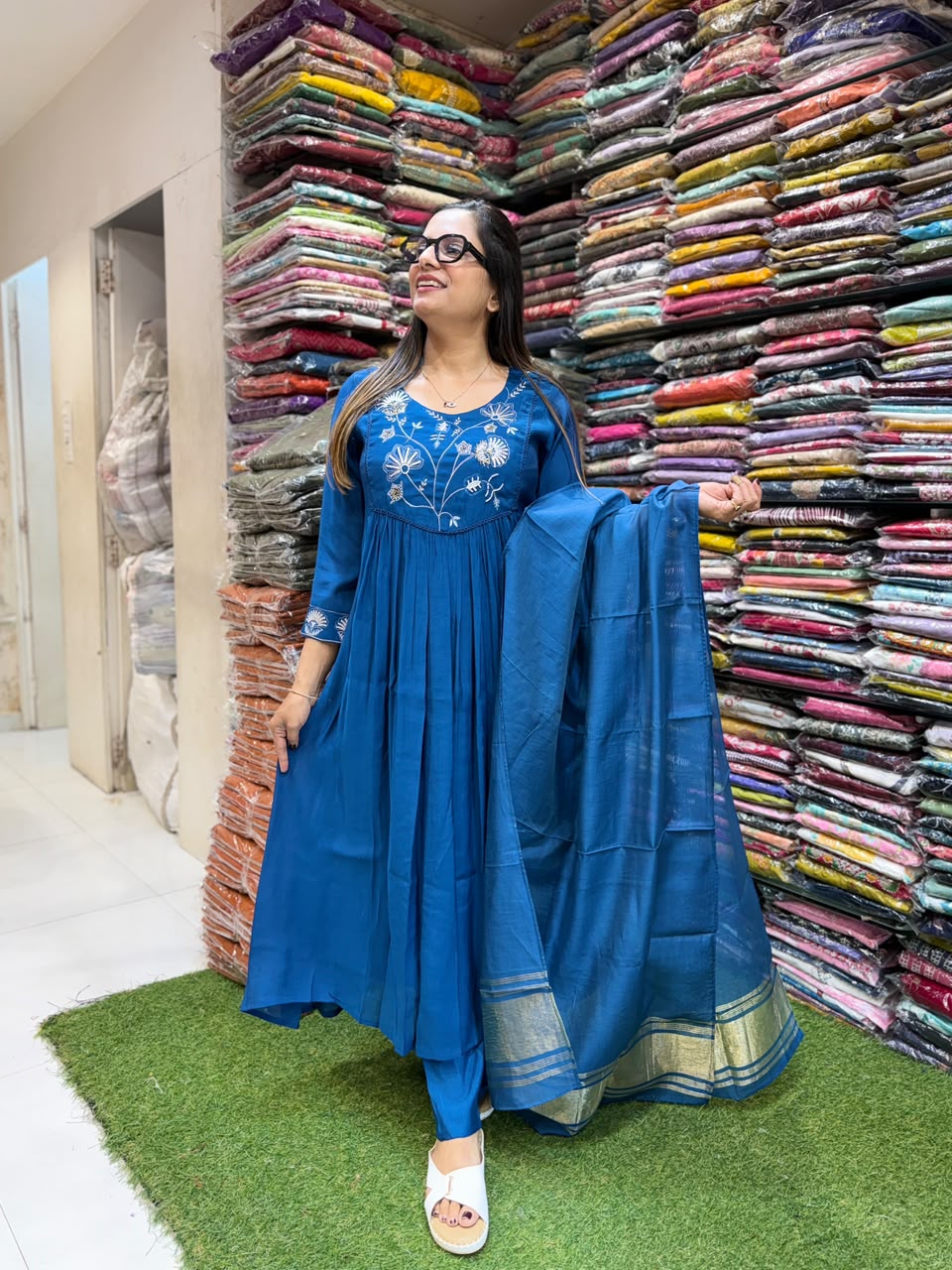Pure Surat Mull Chanderi Royal Blue 3pc Set