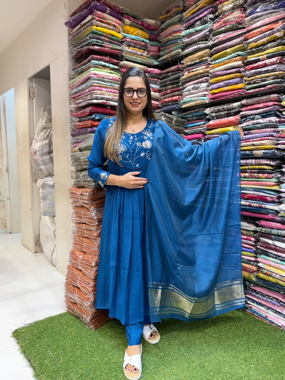 Pure Surat Mull Chanderi Royal Blue 3pc Set