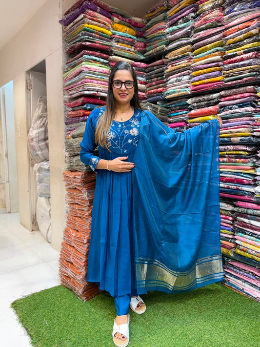 Pure Surat Mull Chanderi Royal Blue 3pc Set