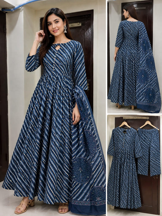 Pure Cotton Blue 24kali Anarkali 3pc Set