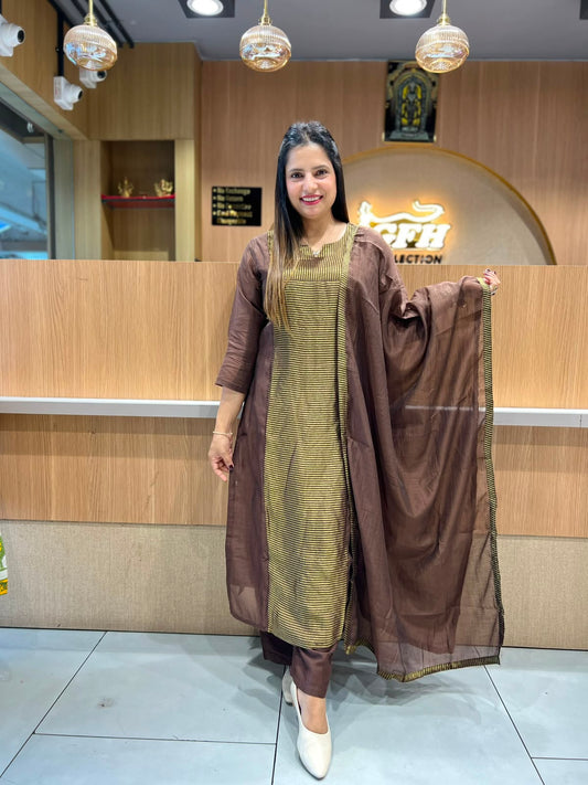 Pure Banaras Mull Chanderi Braun 3pc Set
