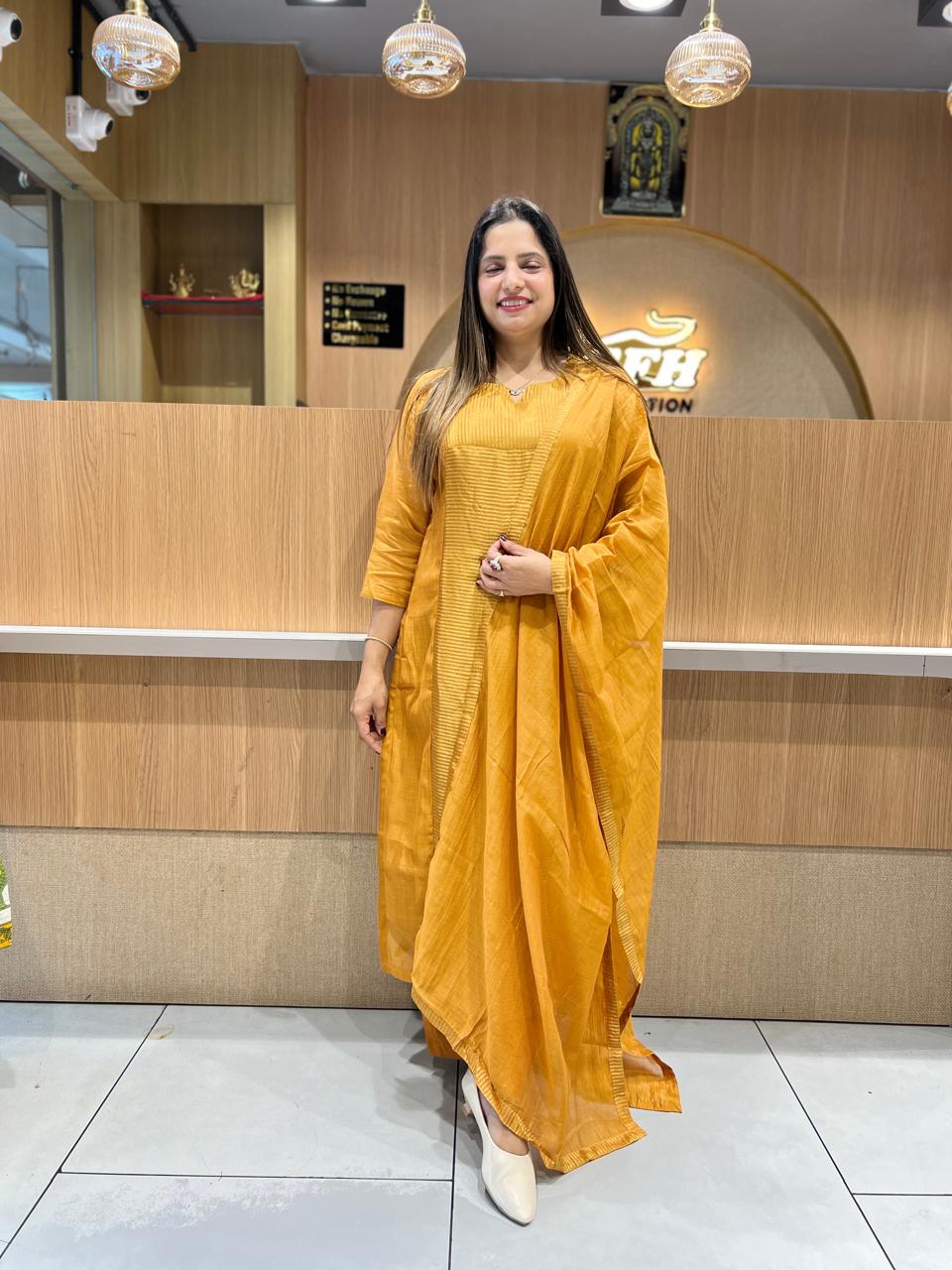 Pure Banaras Mull Chanderi mustard yellow 3pc Set