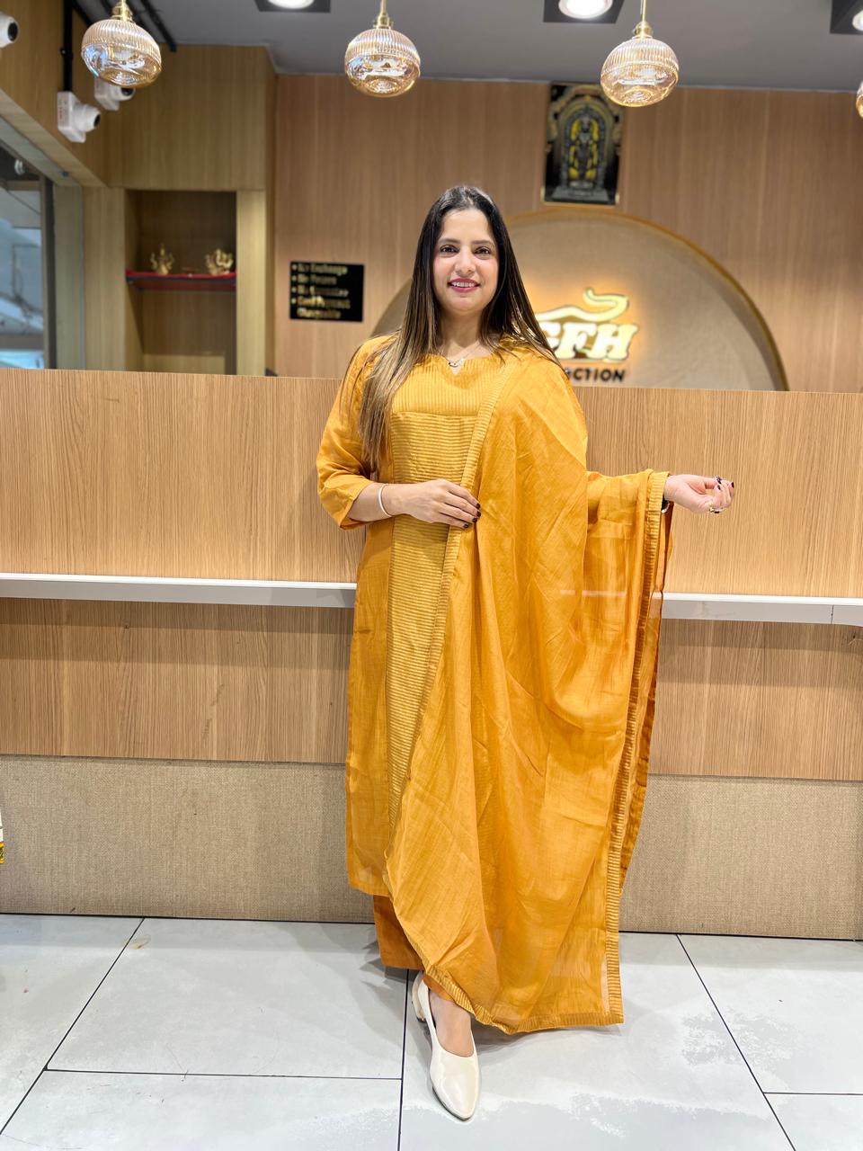 Pure Banaras Mull Chanderi mustard yellow 3pc Set