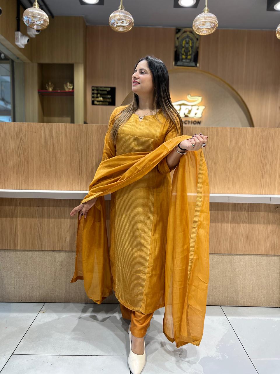 Pure Banaras Mull Chanderi mustard yellow 3pc Set