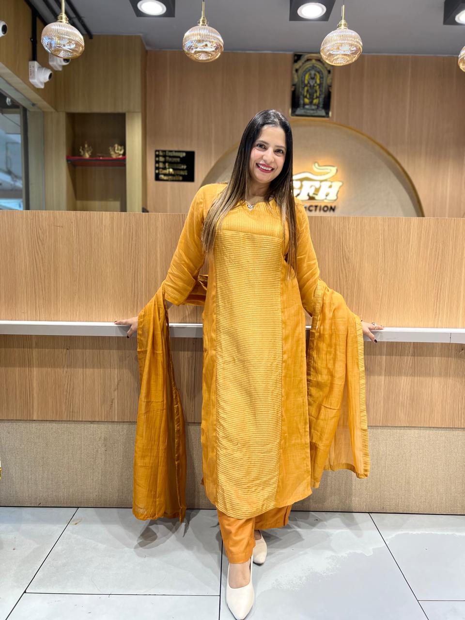 Pure Banaras Mull Chanderi mustard yellow 3pc Set