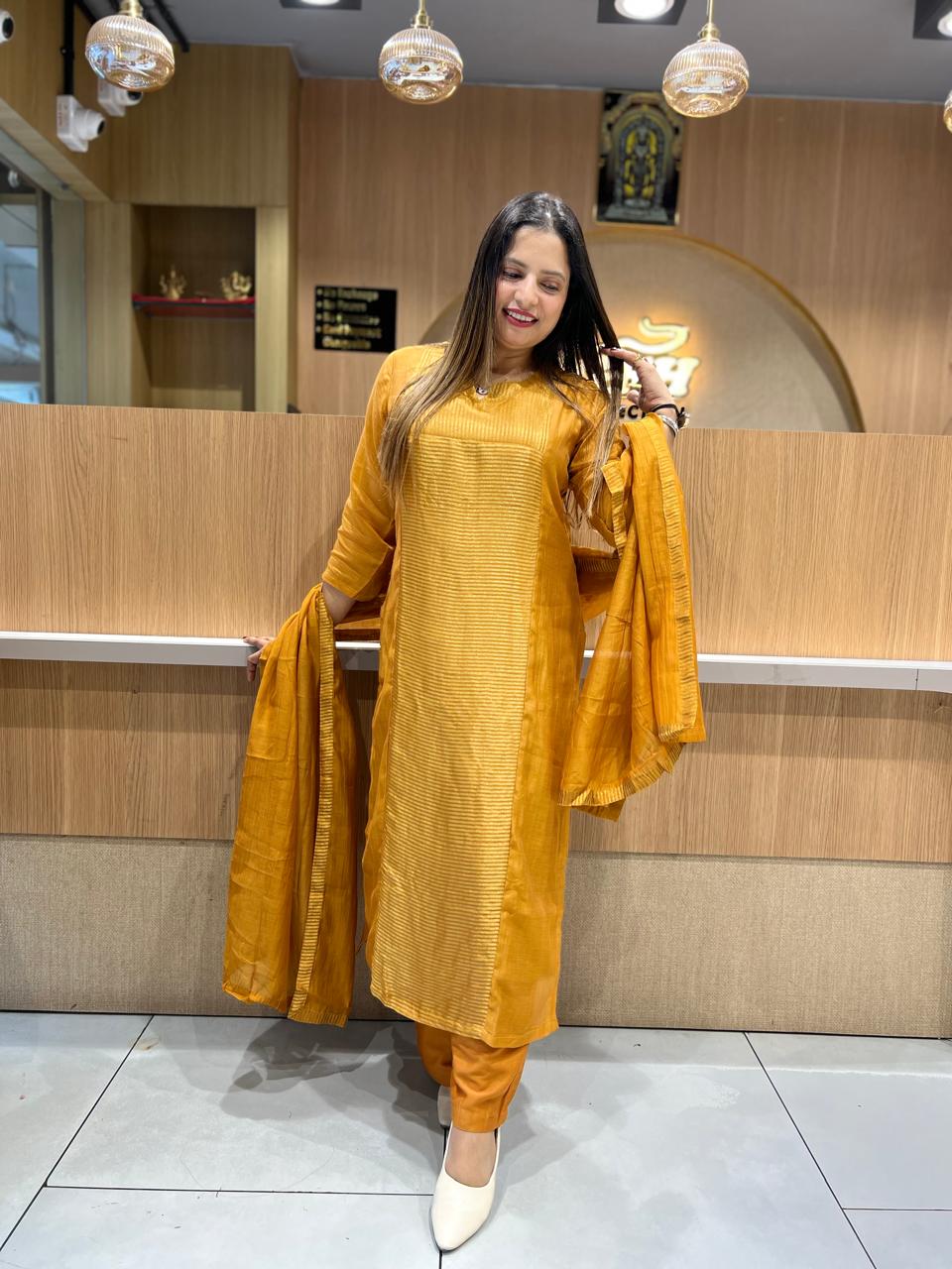 Pure Banaras Mull Chanderi mustard yellow 3pc Set