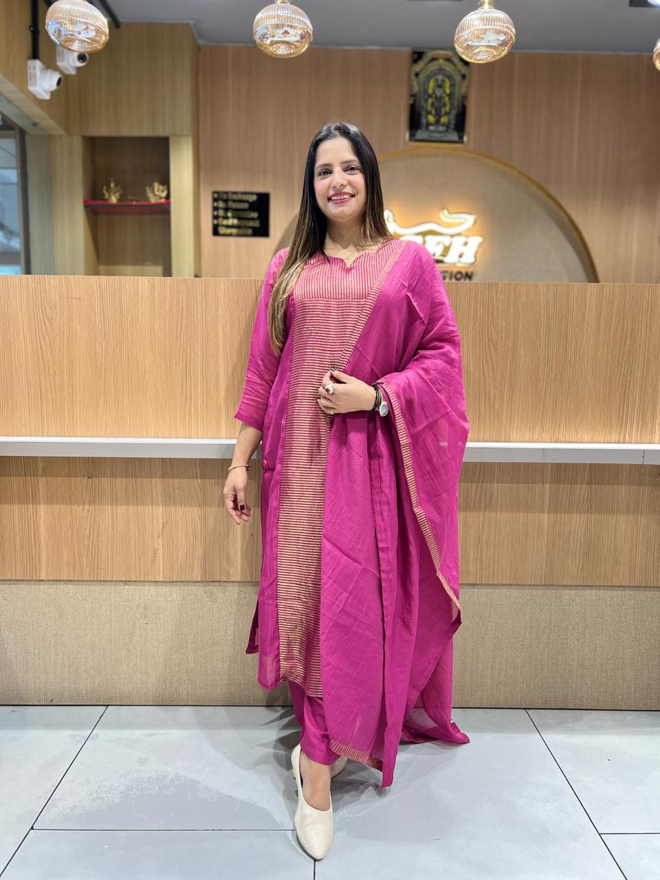 Pure Banaras Mull Chanderi pink 3pc Set