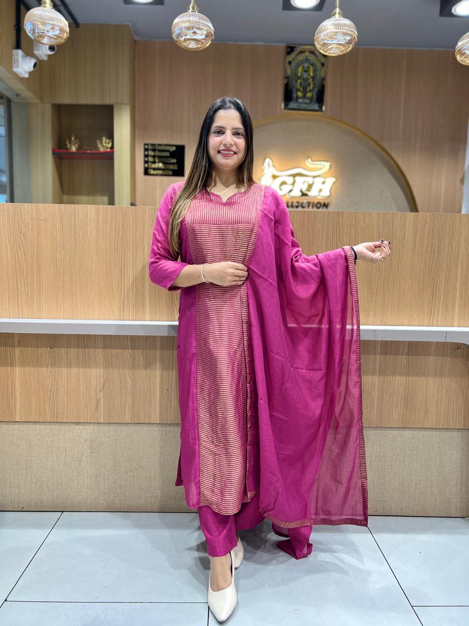 Pure Banaras Mull Chanderi pink 3pc Set