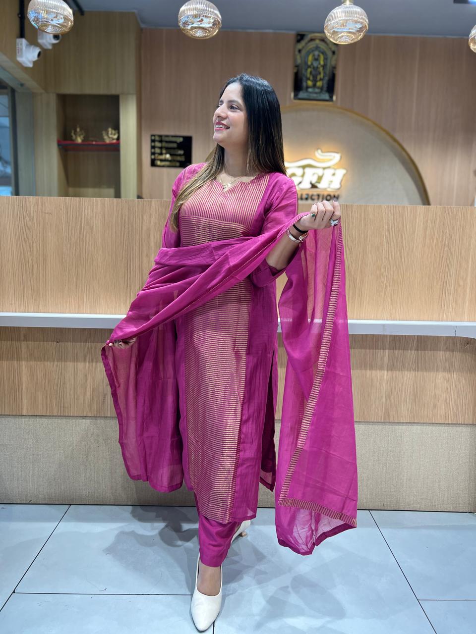 Pure Banaras Mull Chanderi pink 3pc Set