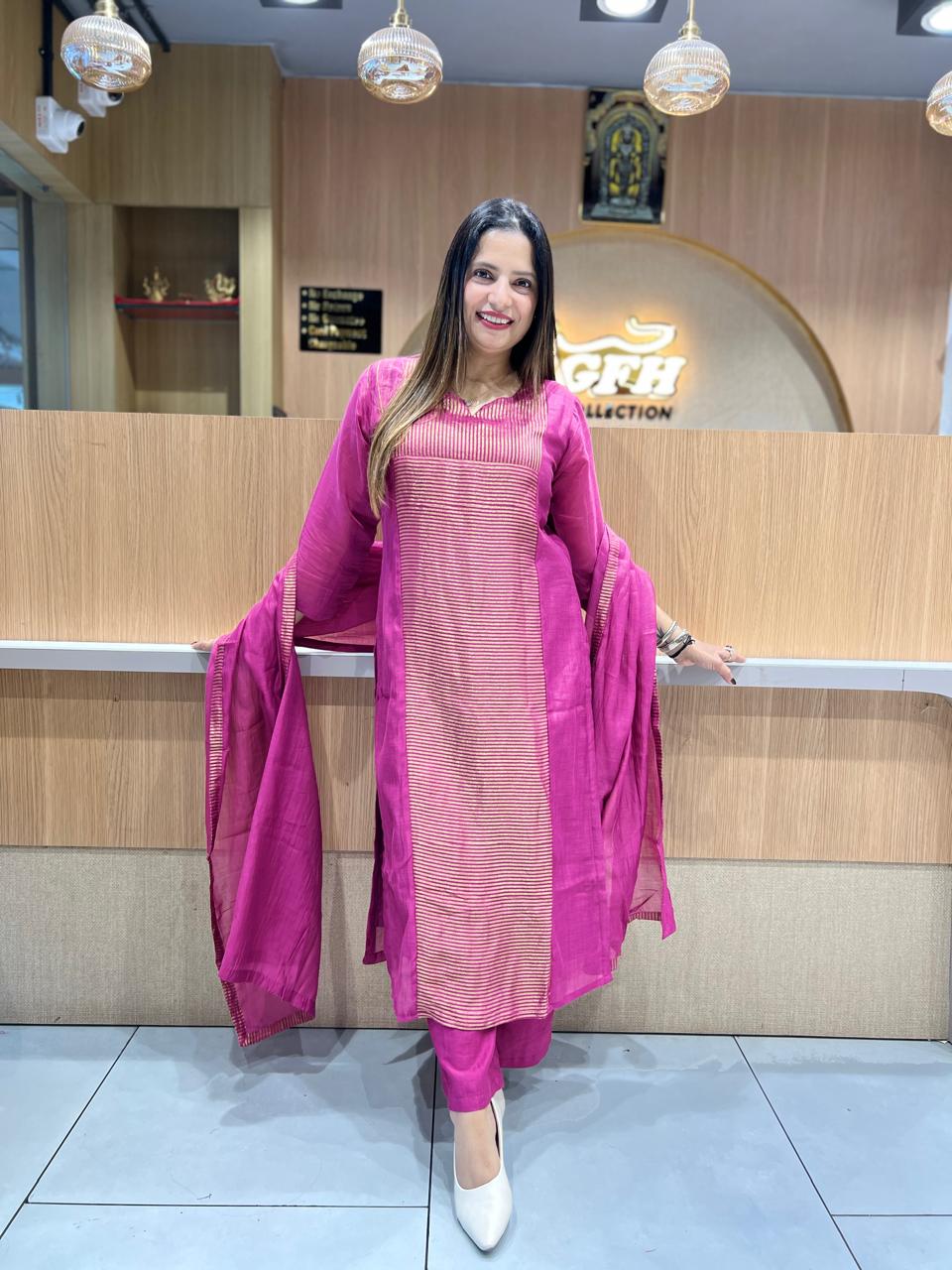 Pure Banaras Mull Chanderi pink 3pc Set