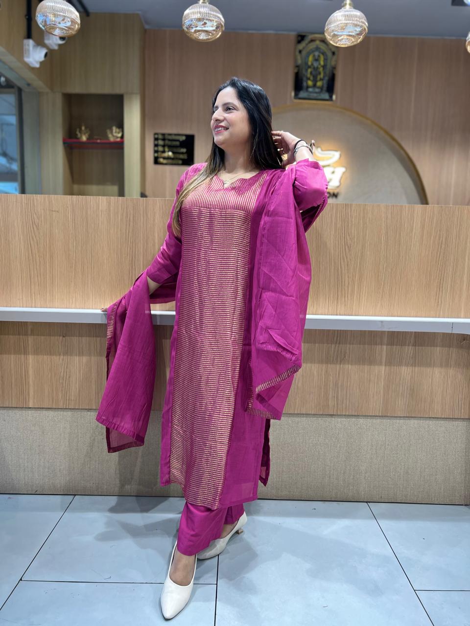 Pure Banaras Mull Chanderi pink 3pc Set