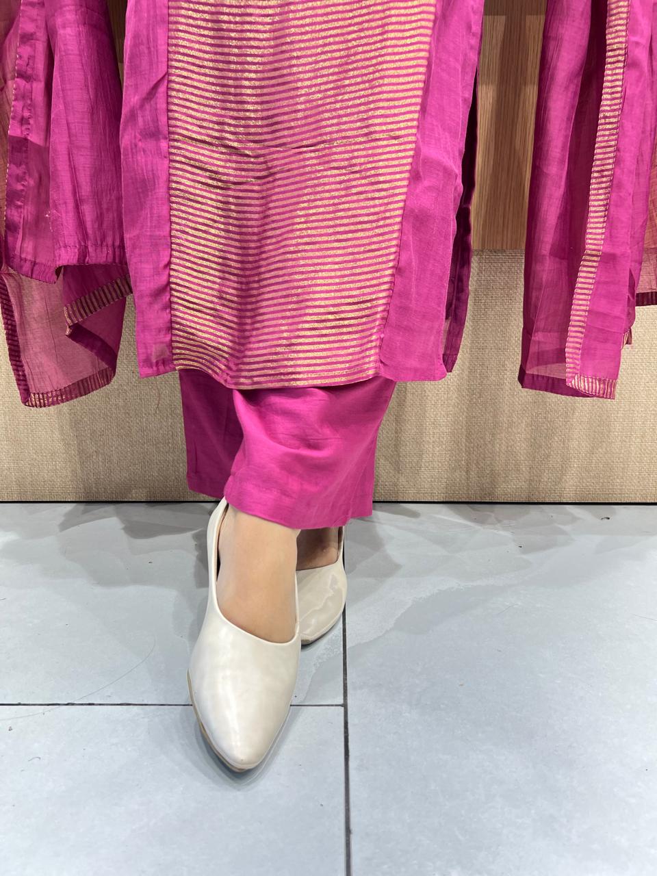 Pure Banaras Mull Chanderi pink 3pc Set