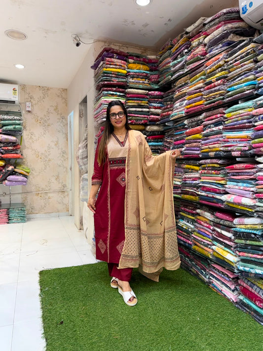 Pure Daabu Cotton Maroon 3pc Set