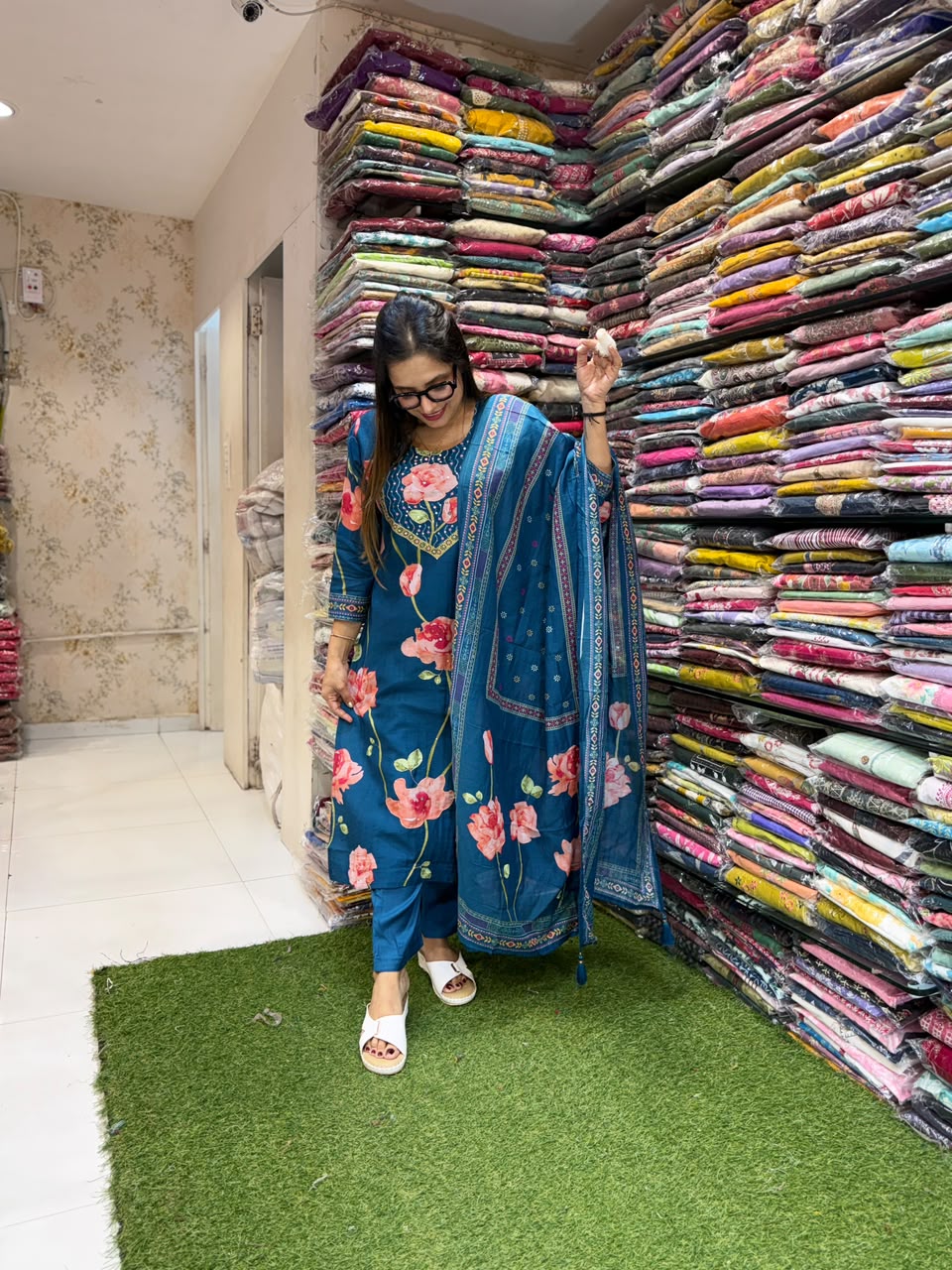 Pure Surat Mull Chanderi Teal Blue 3pc Set