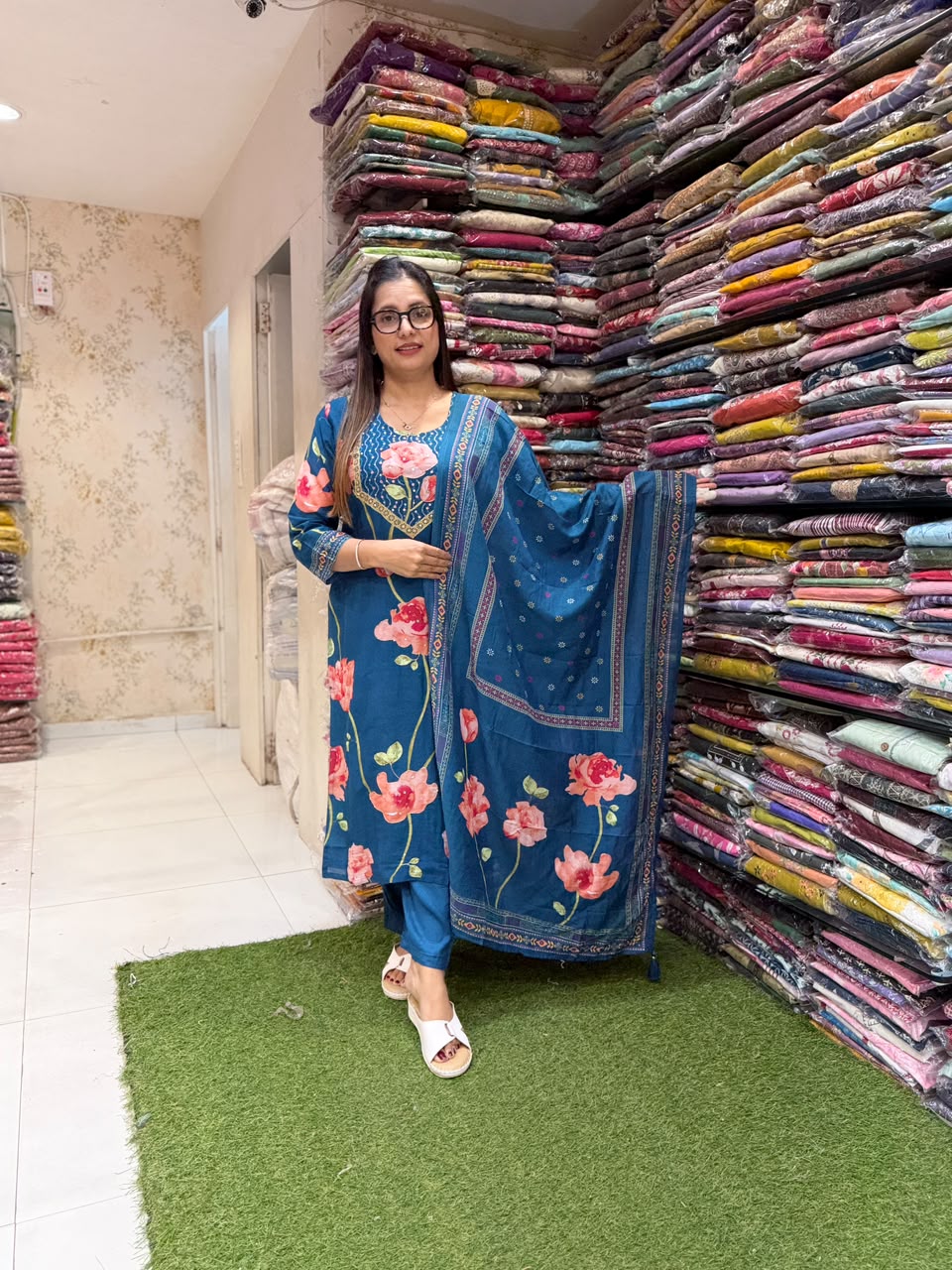 Pure Surat Mull Chanderi Teal Blue 3pc Set