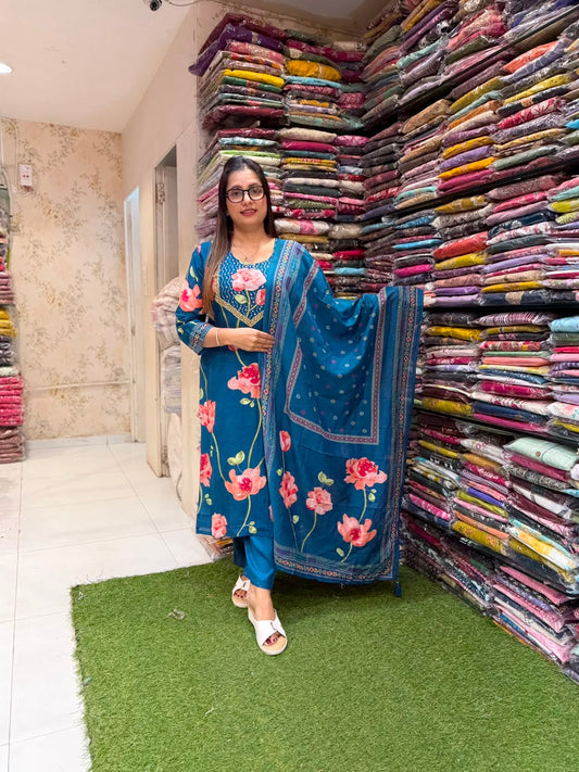 Pure Surat Mull Chanderi Teal Blue 3pc Set