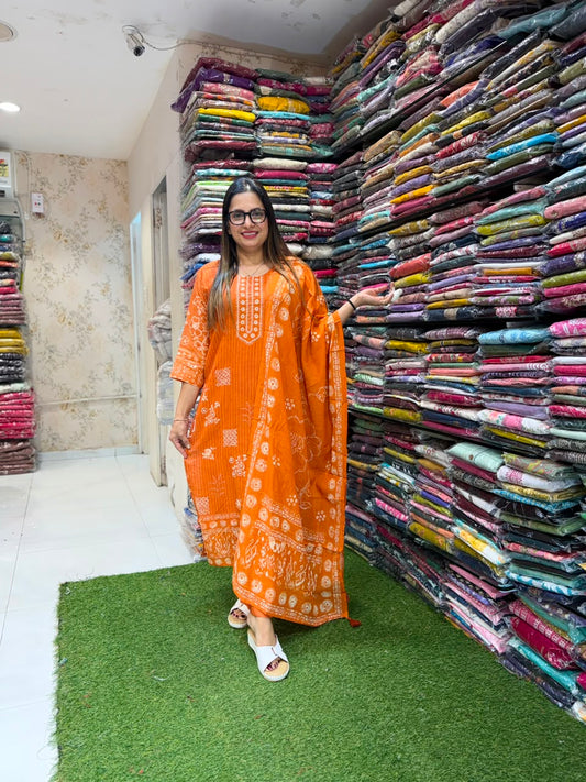 Pure Banaras Mull Chanderi Orange 3pc Set