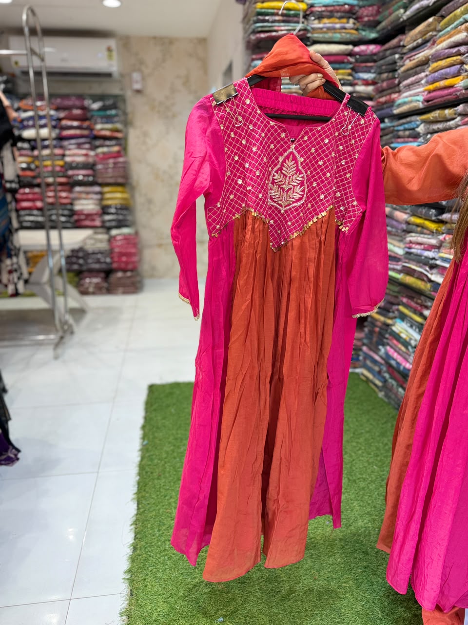 Pure Banaras Mull Chanderi Rani Pink 3pc Set