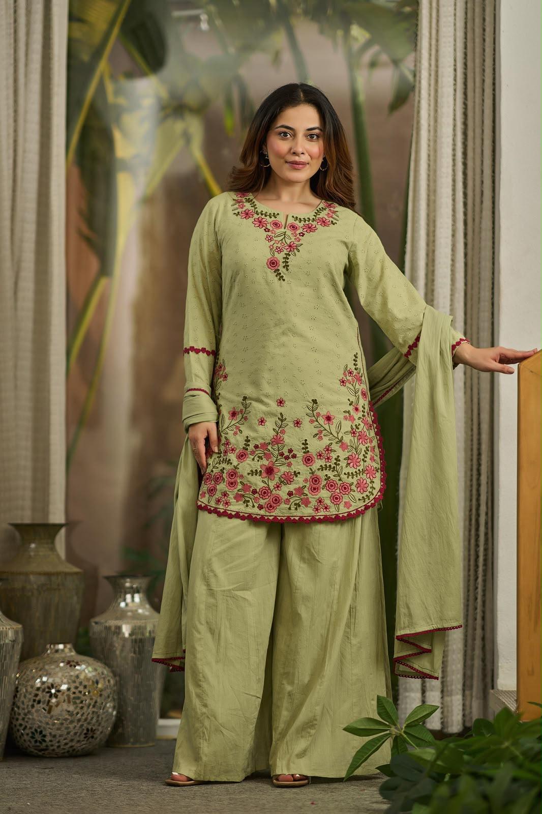Pure Cotton Green Farsi Salwar 3pc Set