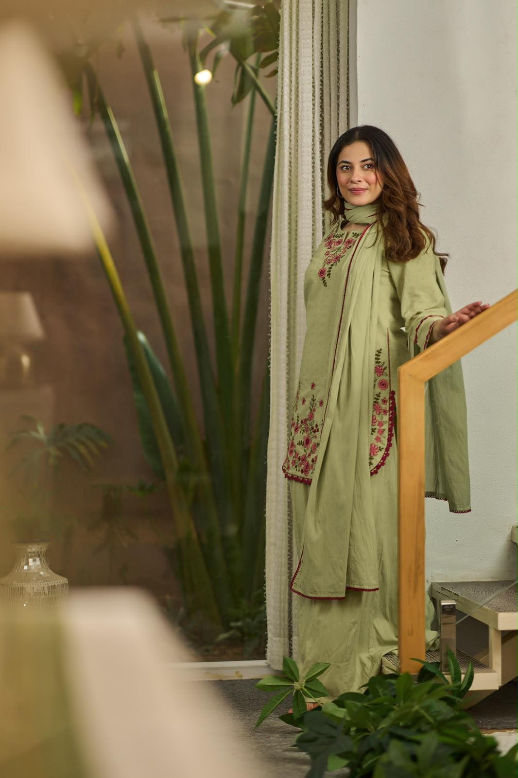 Pure Cotton Green Farsi Salwar 3pc Set