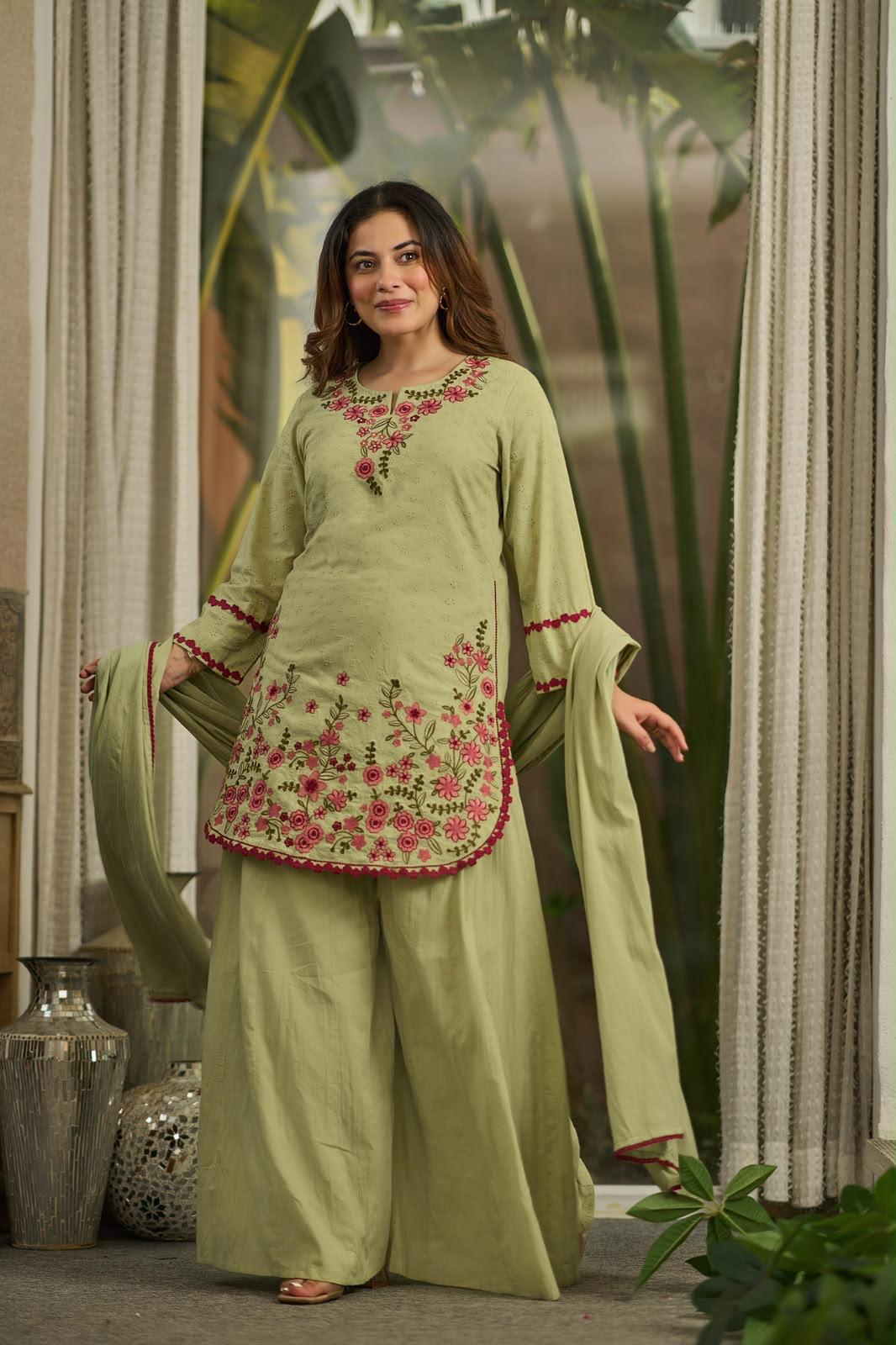 Pure Cotton Green Farsi Salwar 3pc Set