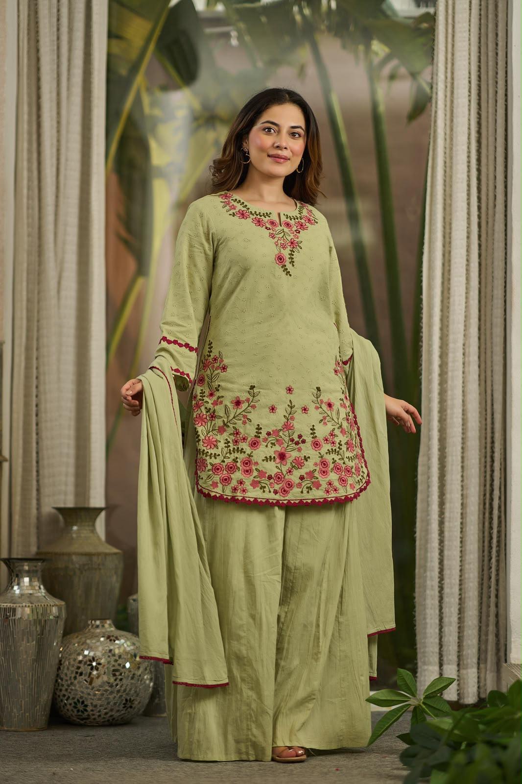 Pure Cotton Green Farsi Salwar 3pc Set