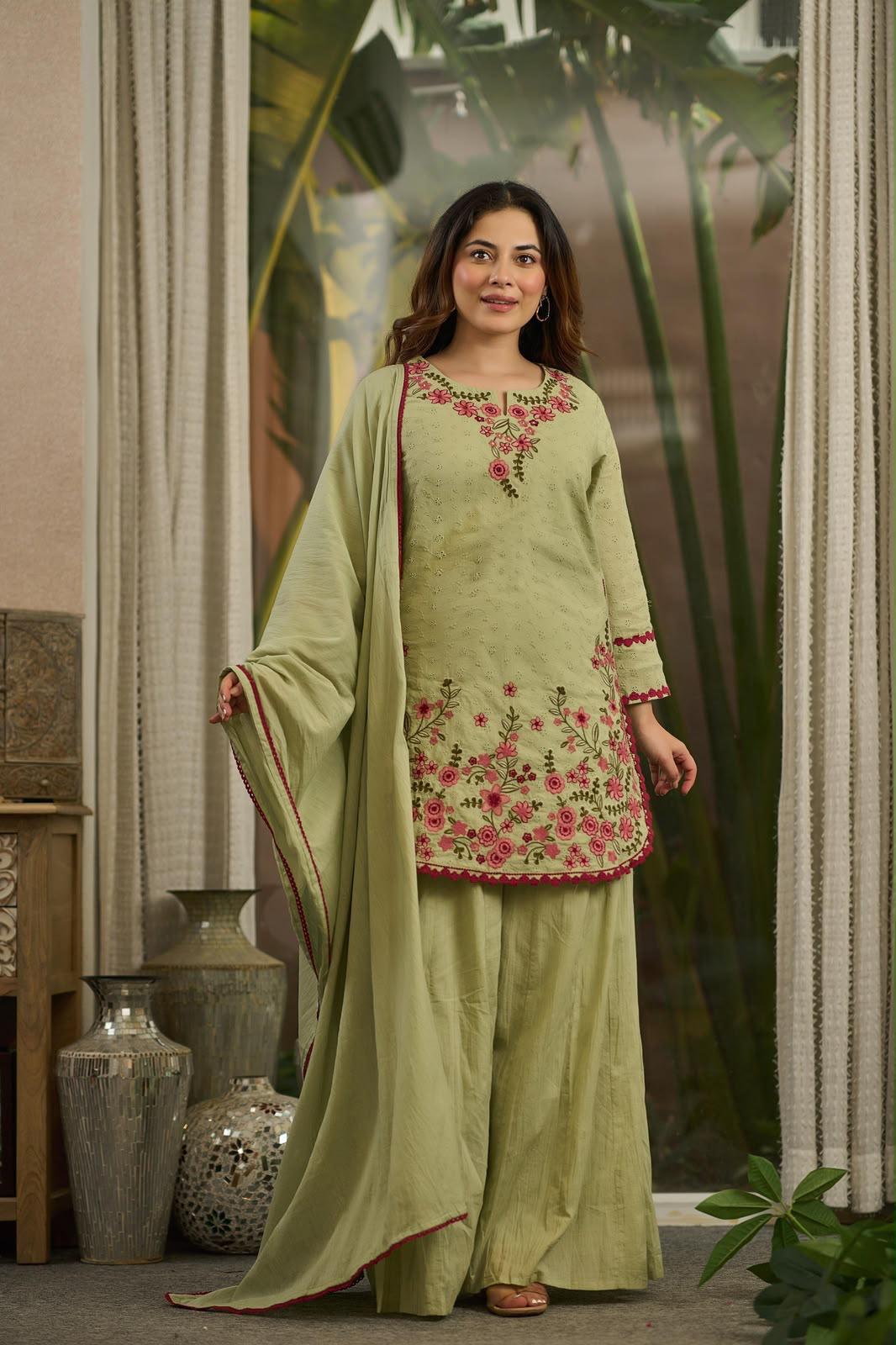 Pure Cotton Green Farsi Salwar 3pc Set