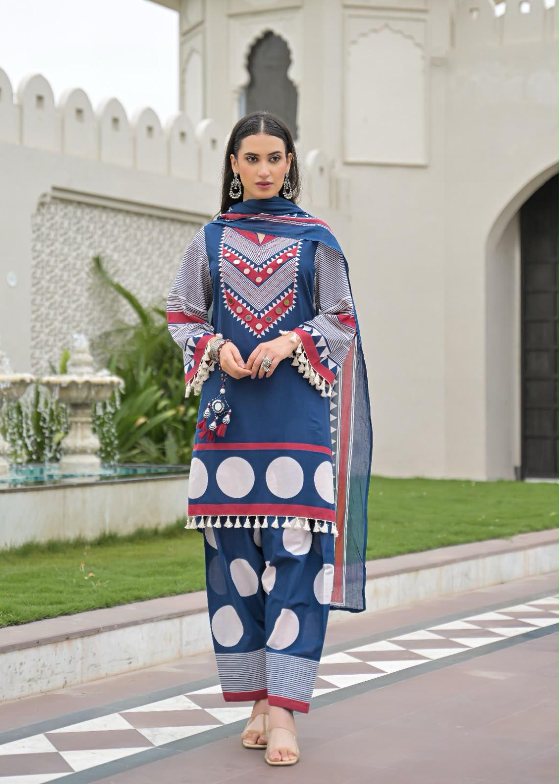 Pure Cotton Farsi Salwar Blue 3pc Set