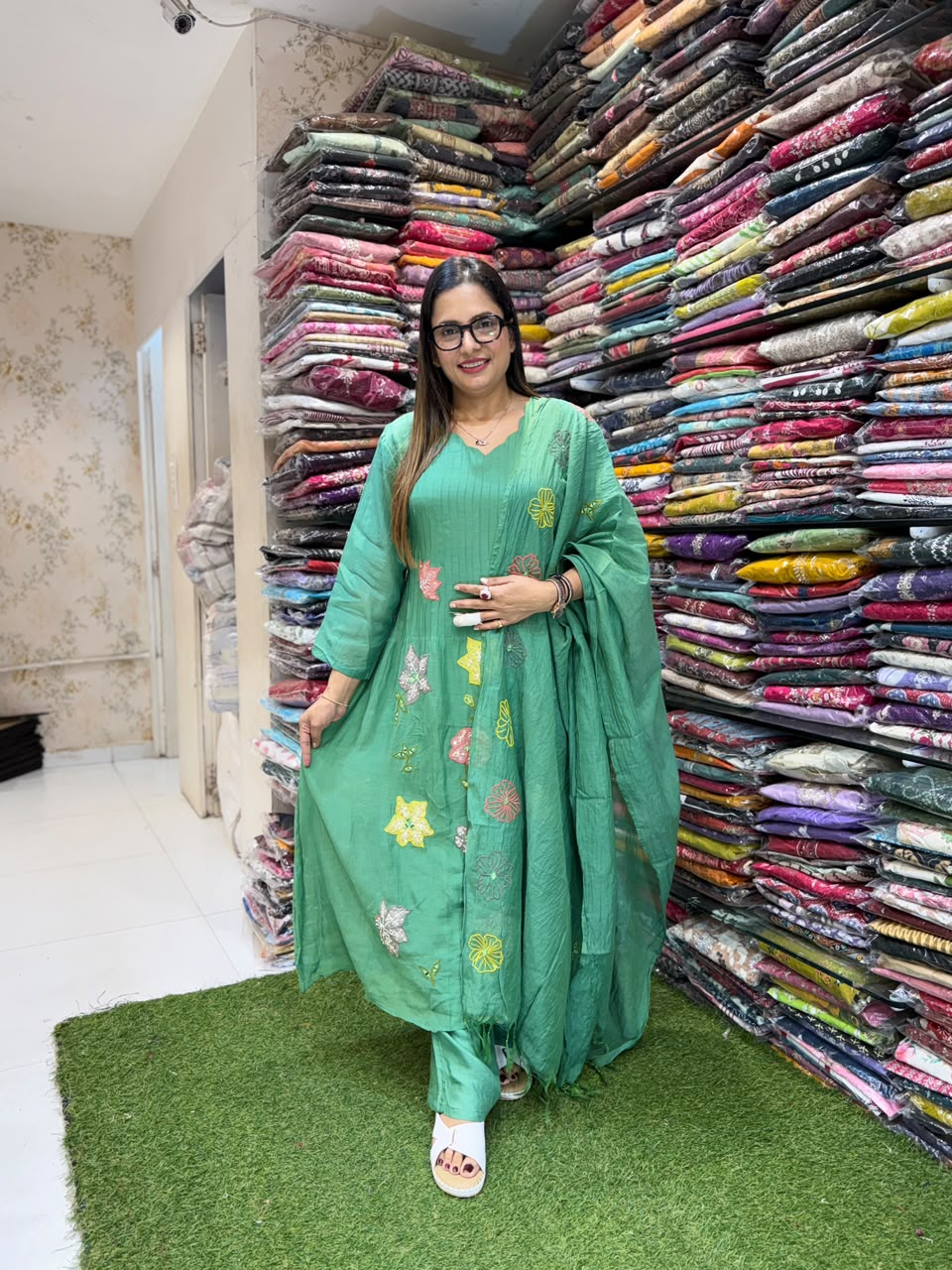 Pure Banaras Mull Chanderi Green 3pc Set