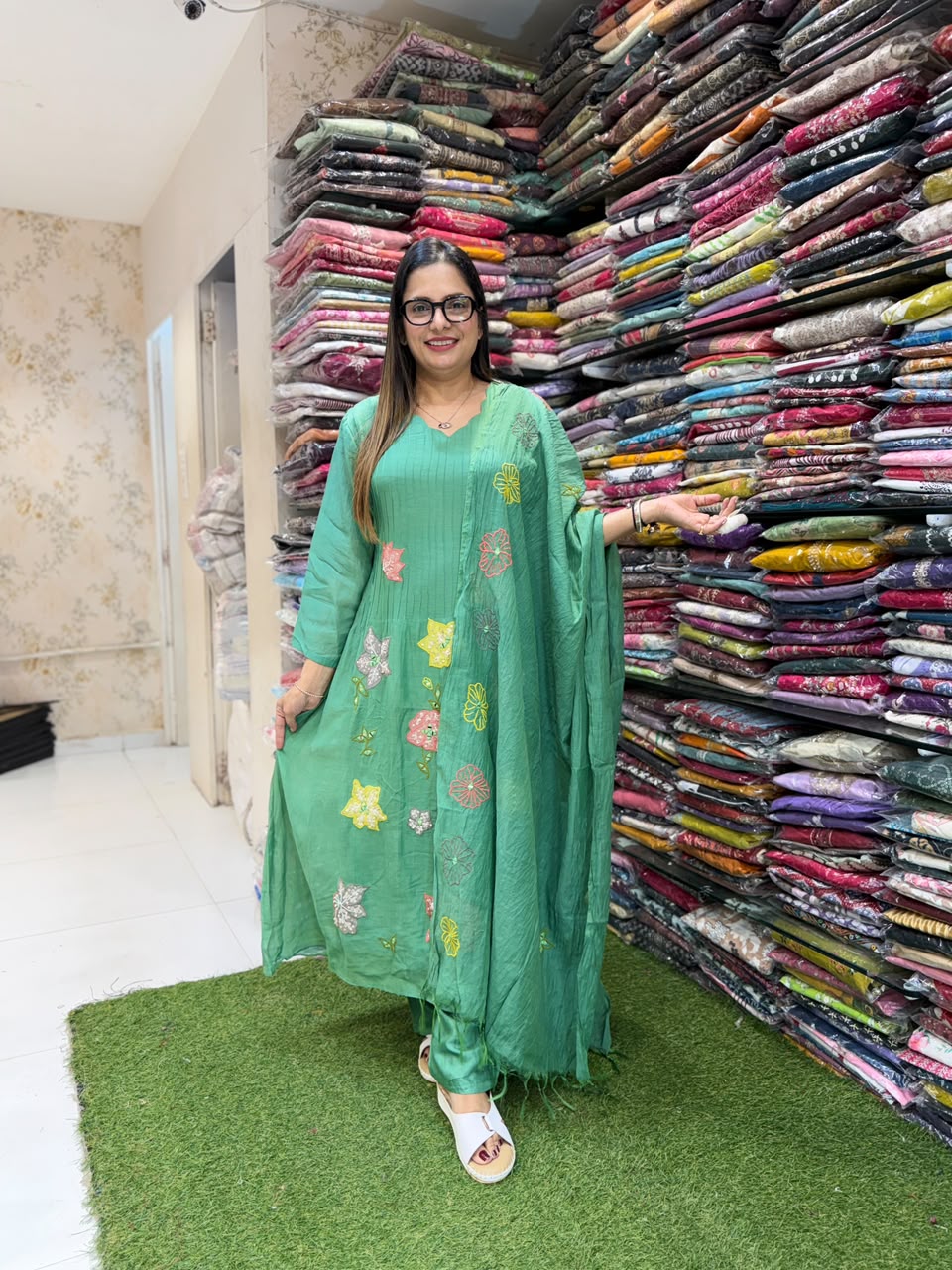 Pure Banaras Mull Chanderi Green 3pc Set