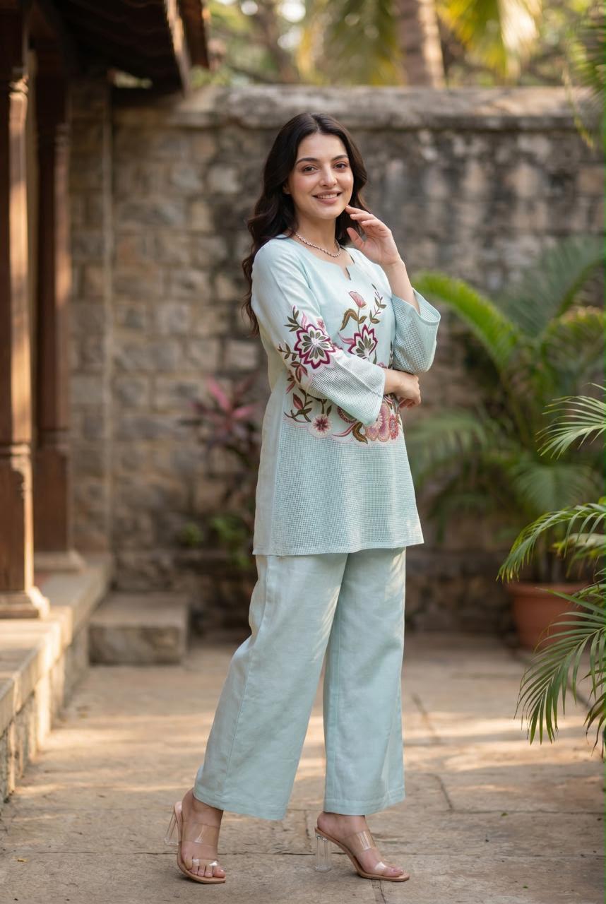 Pure Linen Cotton Pastle Auqa Blue 2pc Set