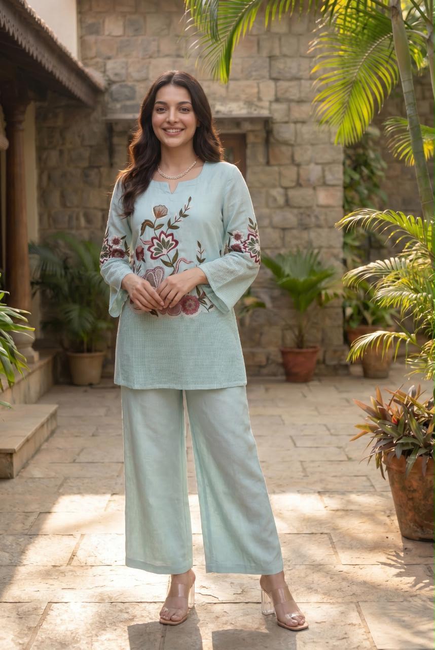 Pure Linen Cotton Pastle Auqa Blue 2pc Set