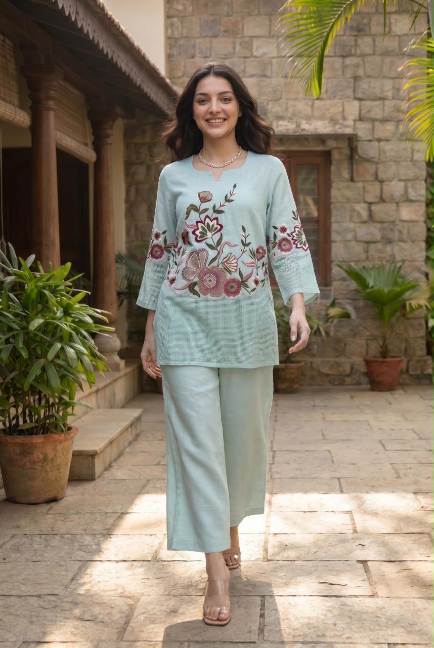 Pure Linen Cotton Pastle Auqa Blue 2pc Set