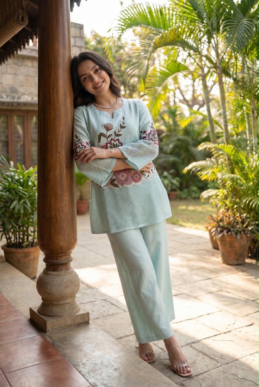 Pure Linen Cotton Pastle Auqa Blue 2pc Set