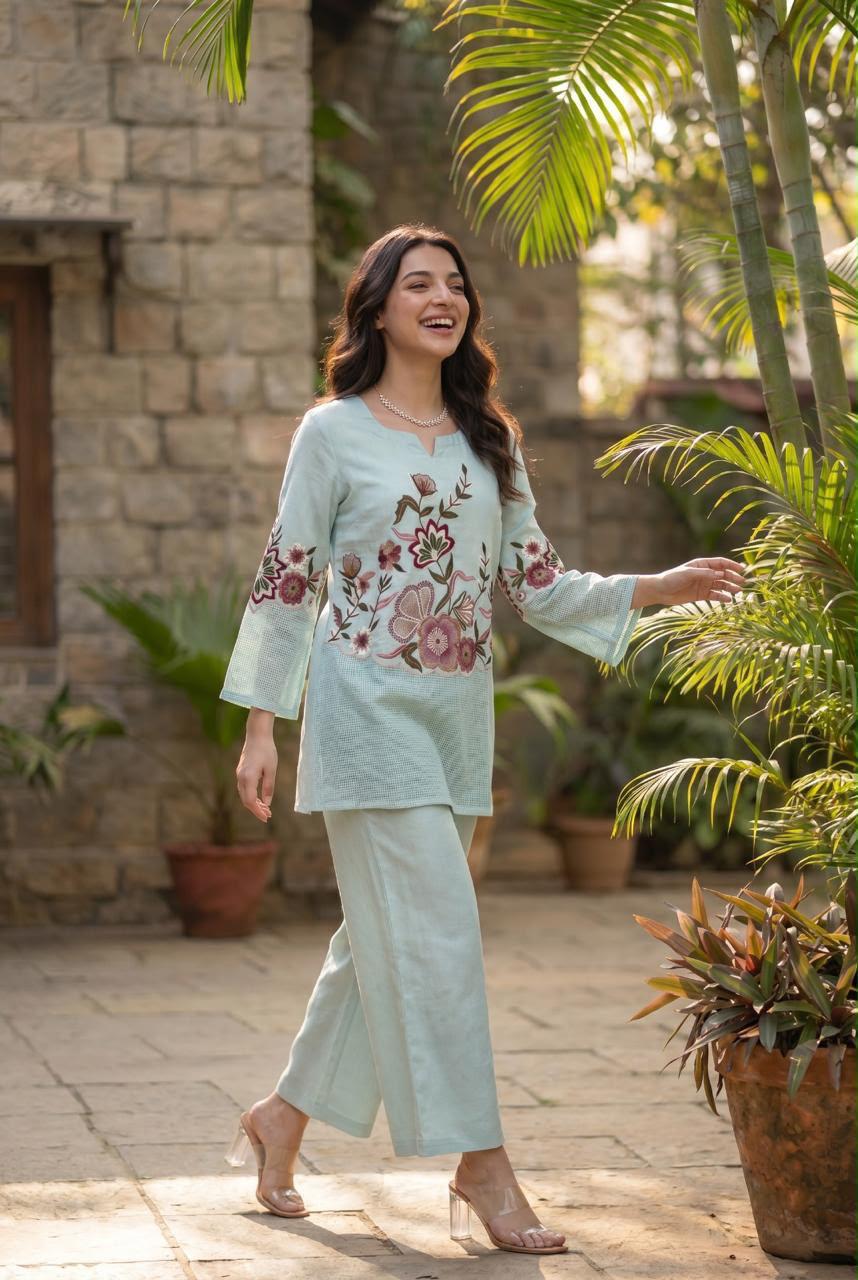 Pure Linen Cotton Pastle Auqa Blue 2pc Set