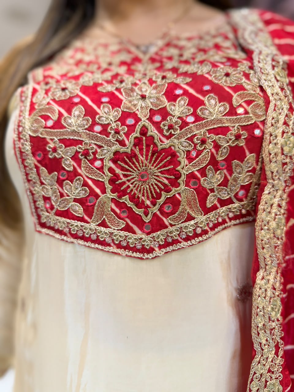Pure Crep Farsi Salwar Red And Ivory 3pc Set