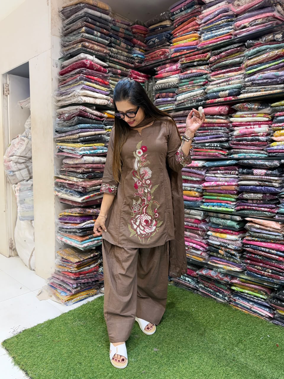 Pure Slub Cotton Farsi Salwar Brown 3pc Set