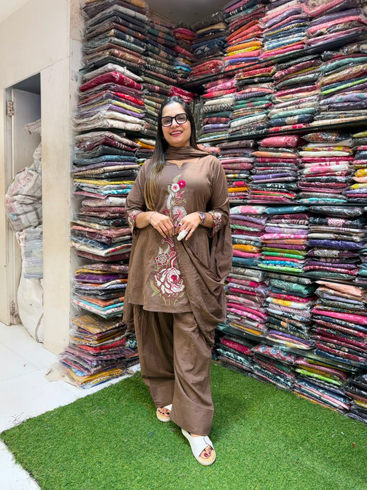 Pure Slub Cotton Farsi Salwar Brown 3pc Set
