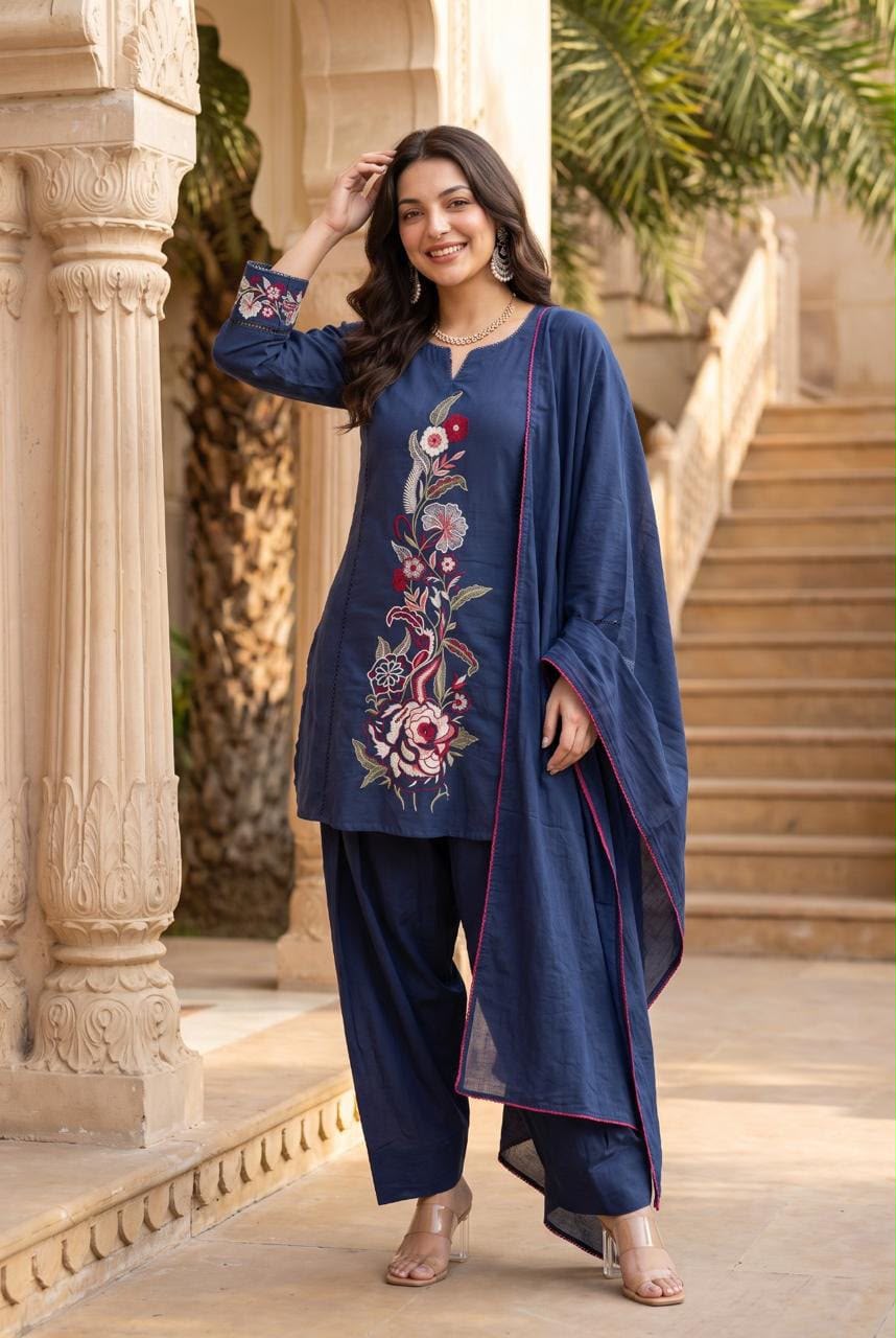 Pure Slub Cotton Farsi Salwar Blue 3pc Set