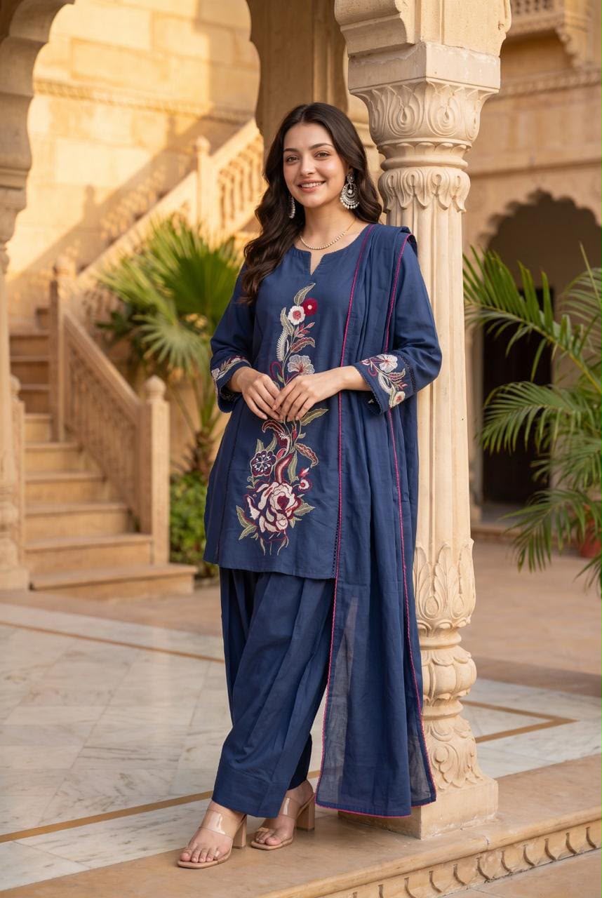 Pure Slub Cotton Farsi Salwar Blue 3pc Set