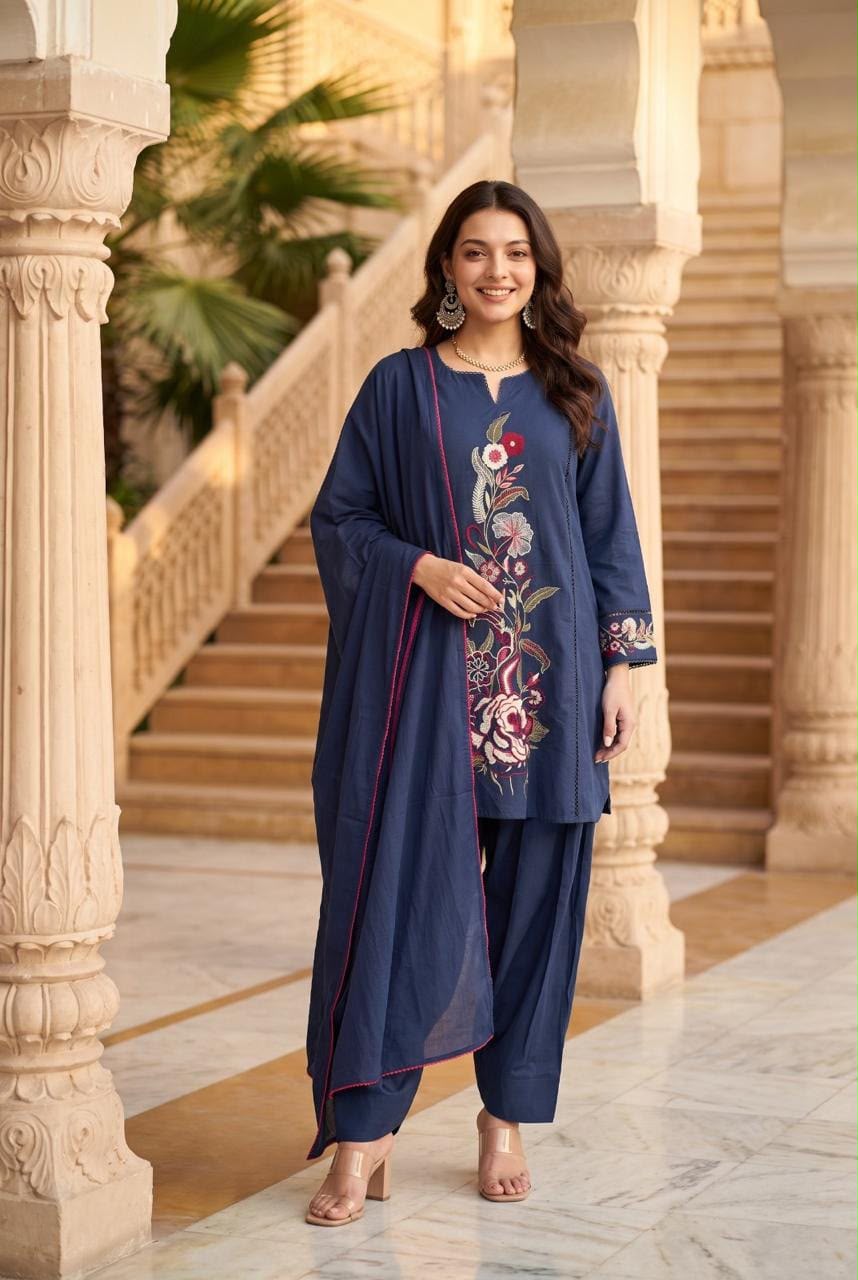 Pure Slub Cotton Farsi Salwar Blue 3pc Set