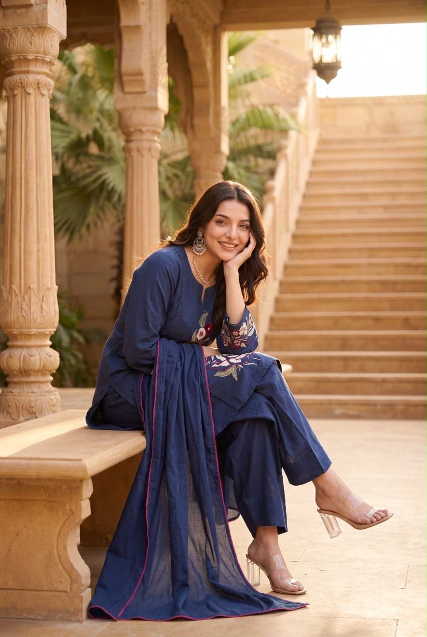 Pure Slub Cotton Farsi Salwar Blue 3pc Set