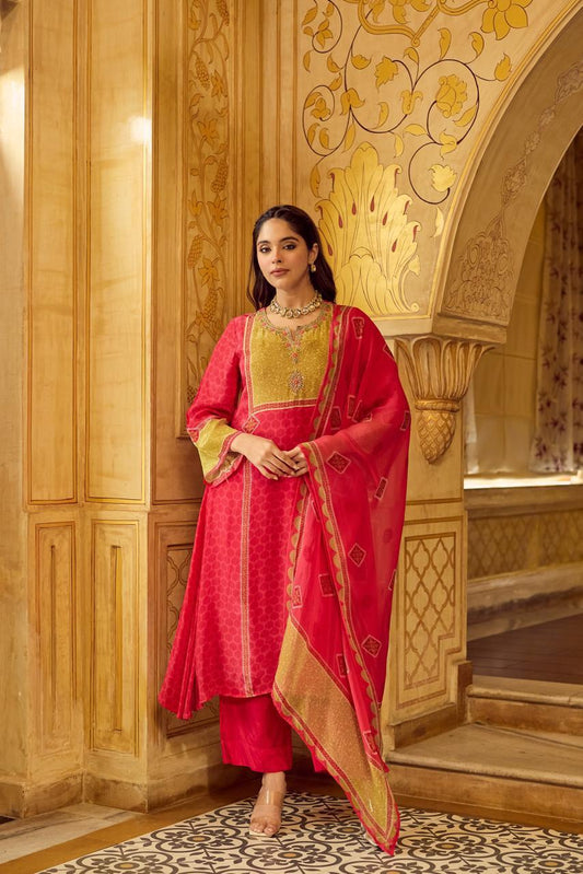 Pure Crep Pink Anarkali 3pc Set