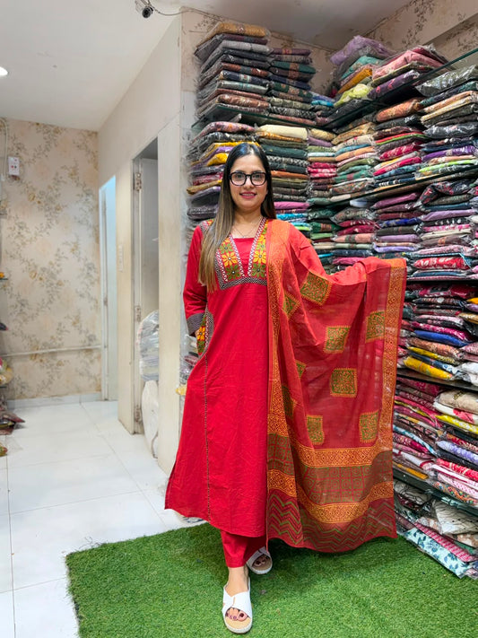 Pure Daabu Cotton Red 3pc Set